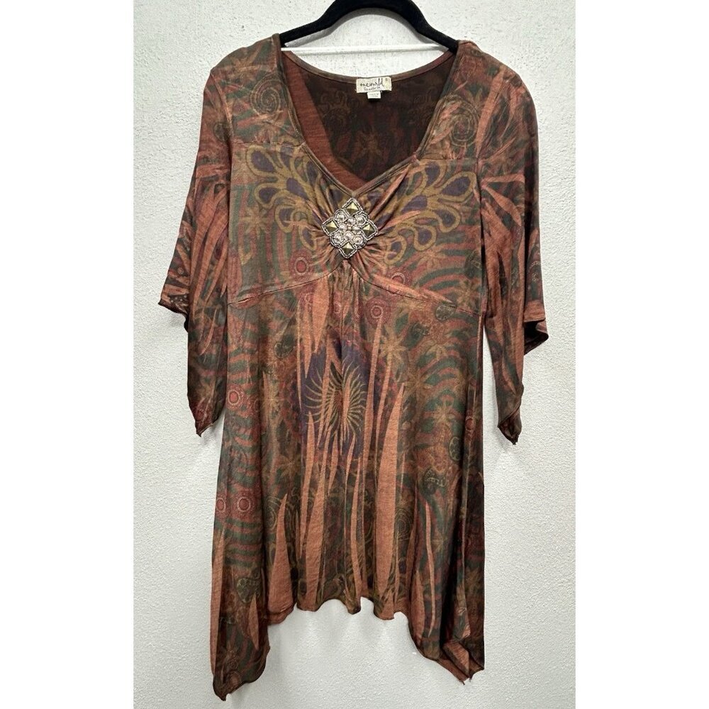 One World Top Small Y2K Babydoll Asymmetrical Hippie Western Gem V Neck Burnout
